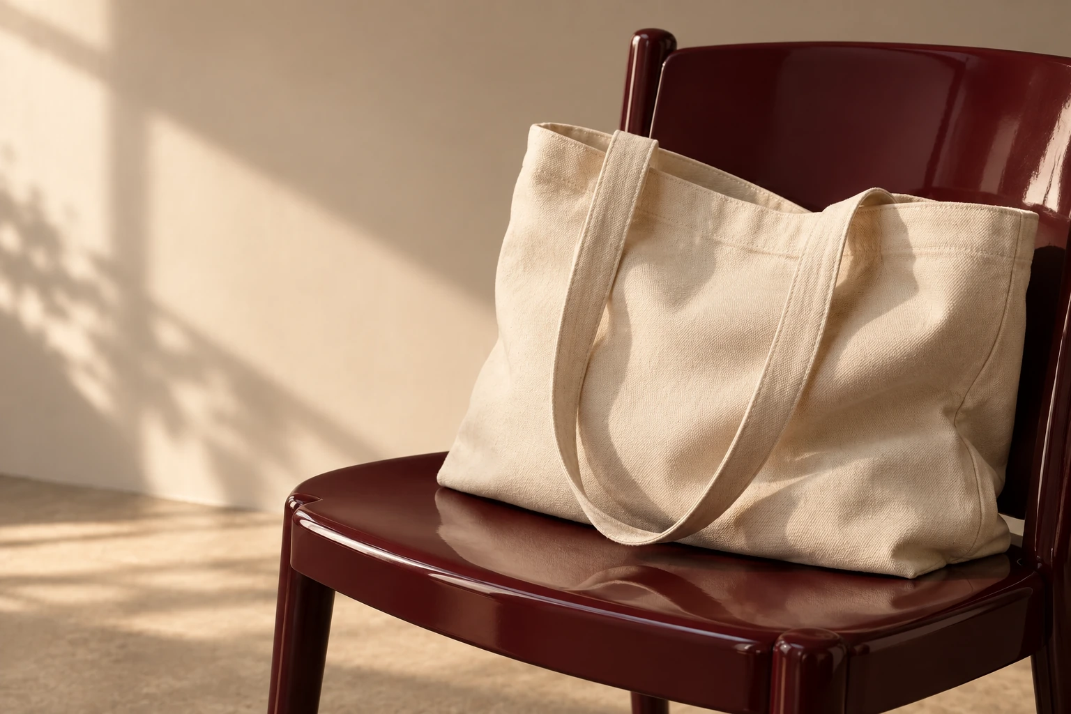 A canvas bag resting on an oxblood chair in afternoon light.