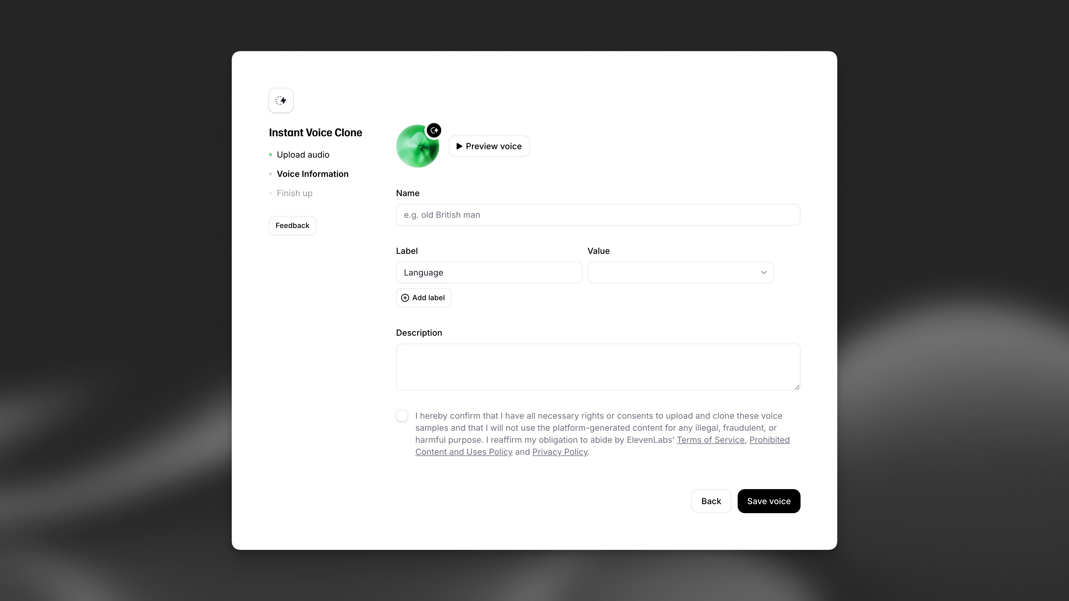 ElevenLabs Instant Voice Clone screen with fields for voice information and a checkbox to confirm rights or consent