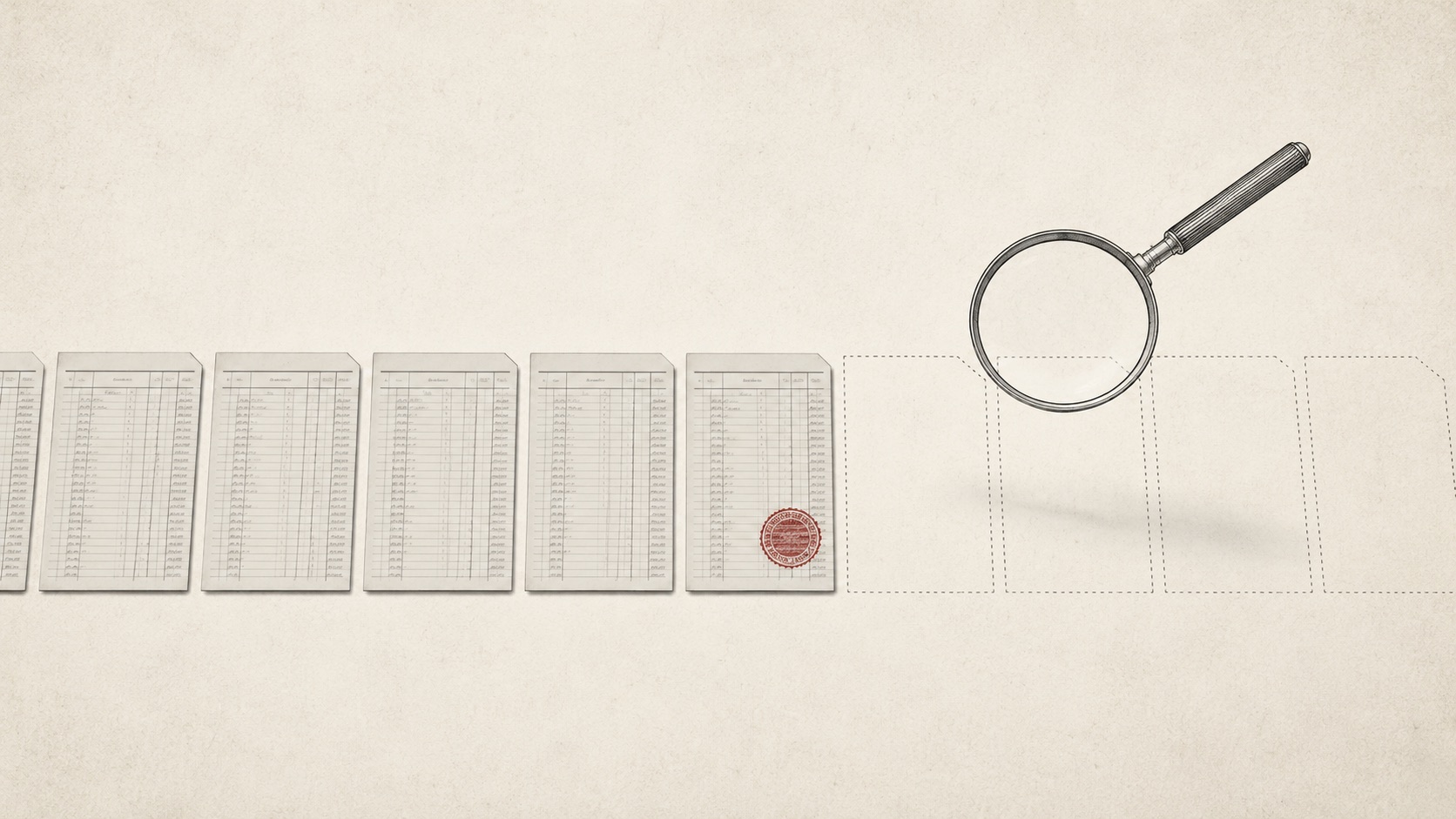 A row of trust ledger pages that stops abruptly, with a magnifying glass over the missing records.