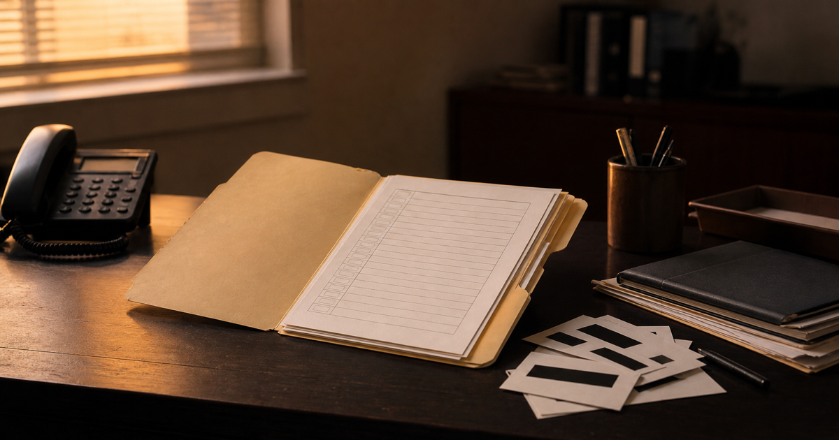 An escrow case file and review sheet on an office desk beside a telephone and abstract domain-evidence cards
