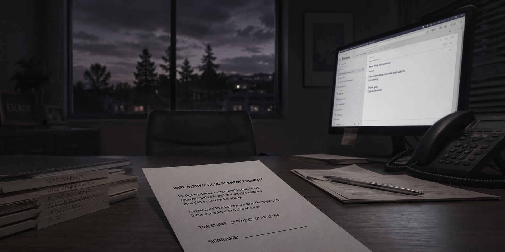 A darkened escrow office at dusk with a printed wire-instructions acknowledgment on the desk and a new-wire email on the monitor.