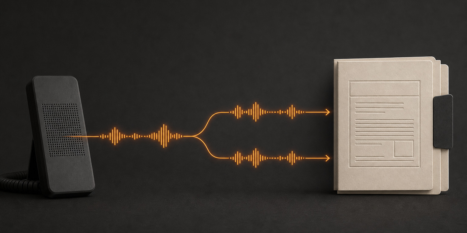 A black phone sends one orange voice signal that splits into two matching paths before reaching an ivory escrow review file