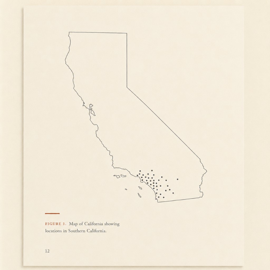 Minimal printed map of California with license locations marked, like a regulatory exhibit