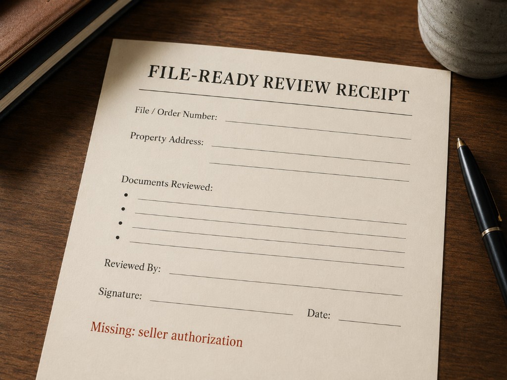 Printed review receipt document on a desk with one line marked open