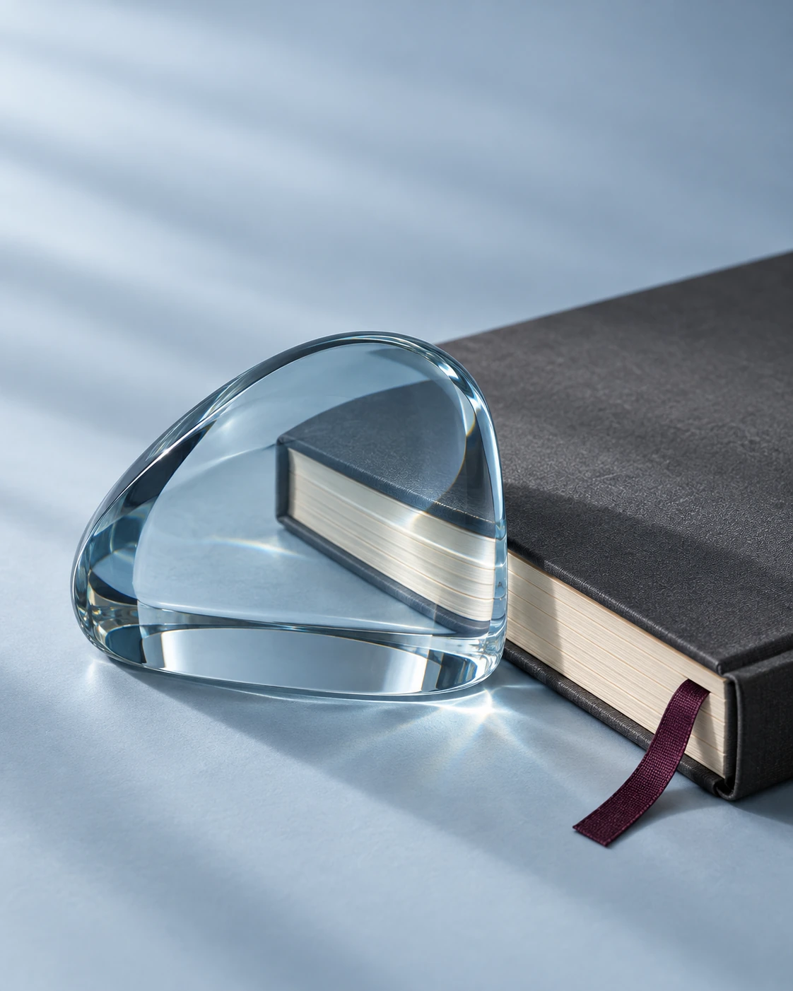 Clear blue glass beside a graphite folio and a wine-colored bookmark.