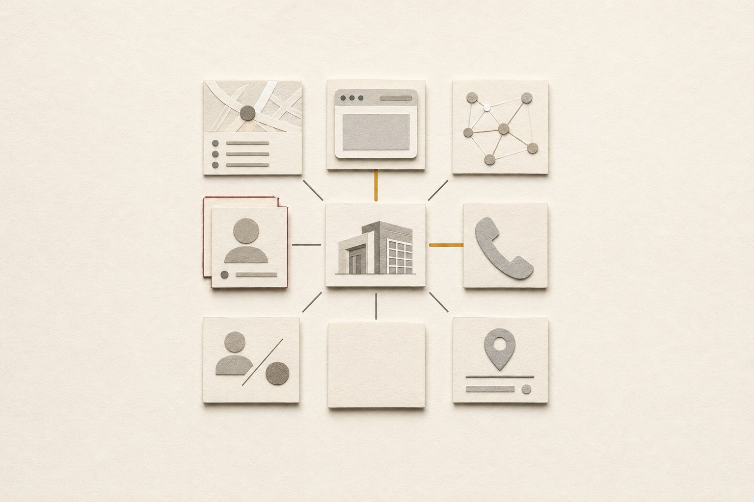 Seven public identity surfaces surround an escrow office, with one shadow duplicate marked for review.