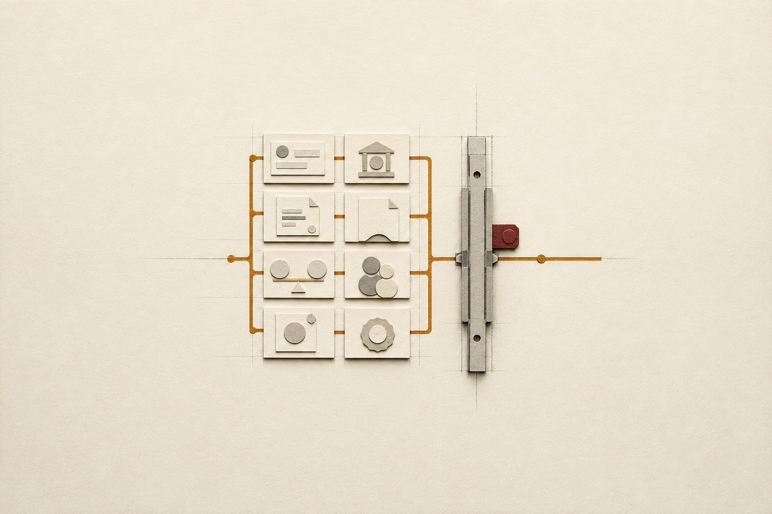 Eight evidence tiles align at a checkpoint before money leaves an escrow trust account.