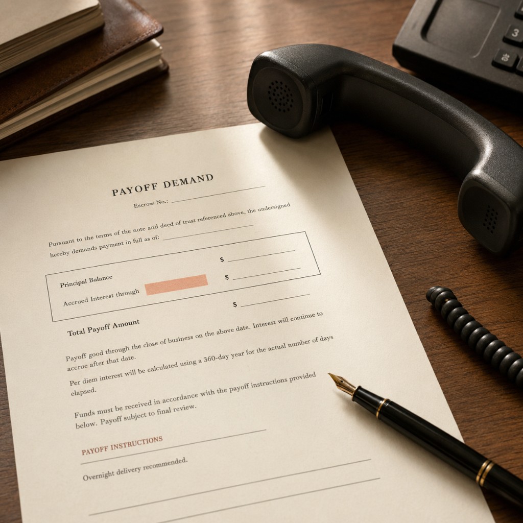 Printed payoff demand on a desk with a desk phone off the cradle for callback verification