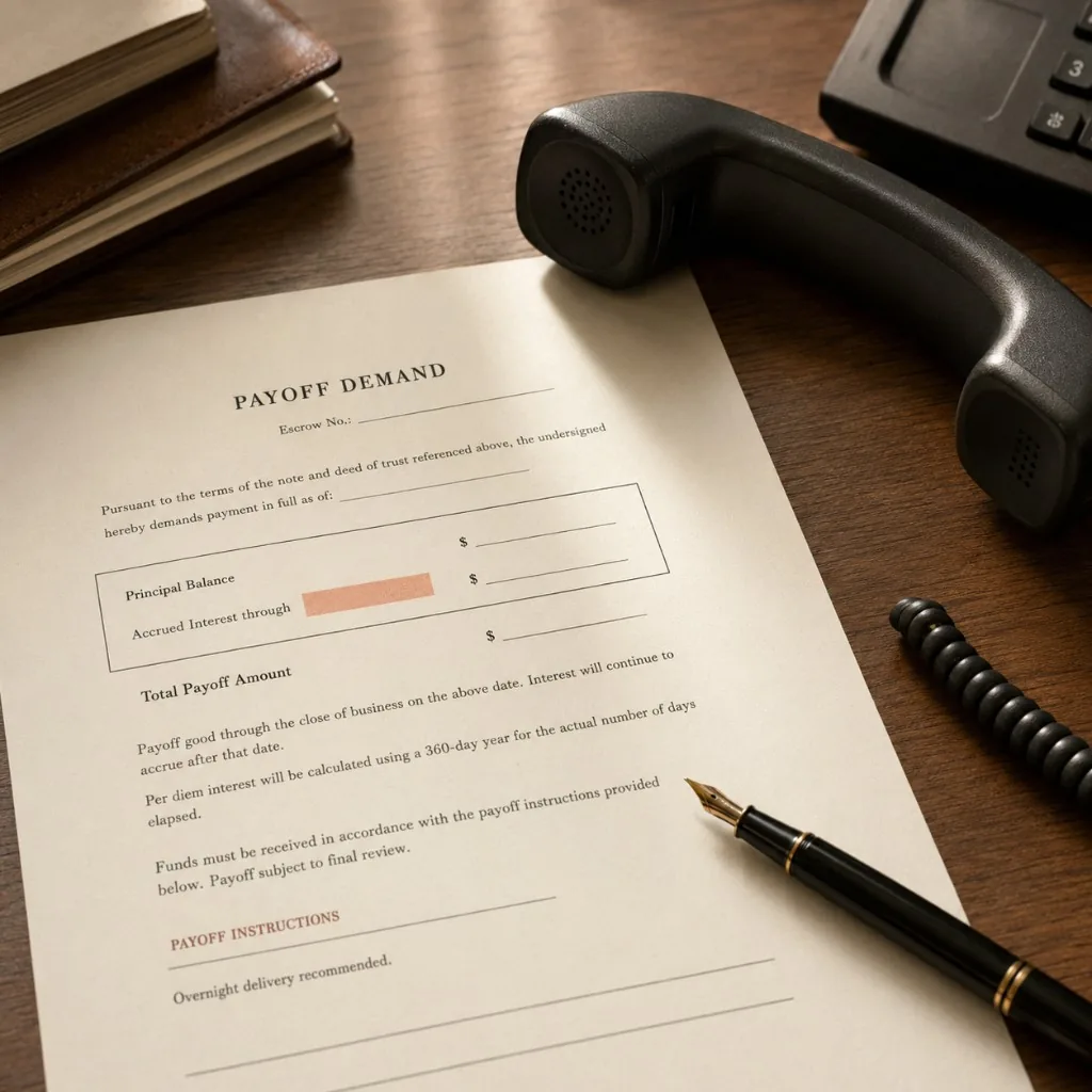 Escrow desk with revised payoff demand paperwork under warm office light before funding