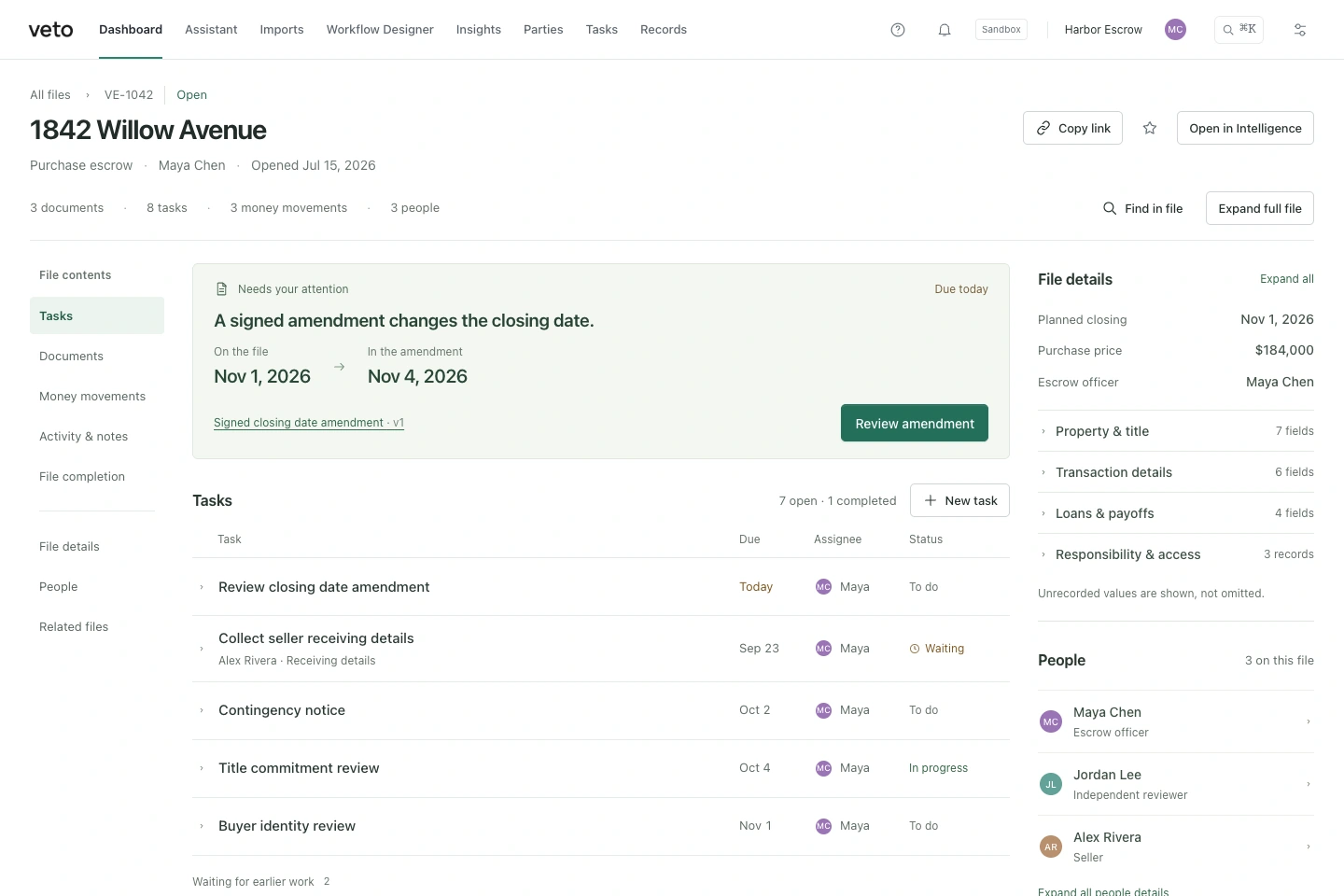 Veto Prepare interface with a fictional escrow file