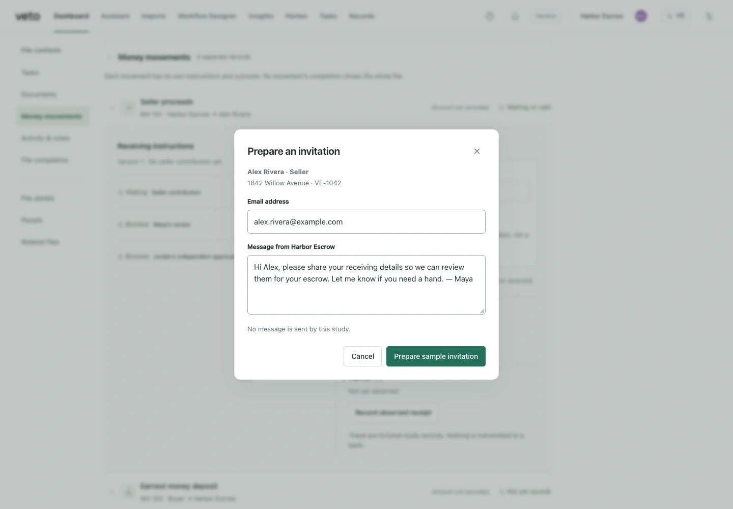 Veto Request interface with a fictional escrow file