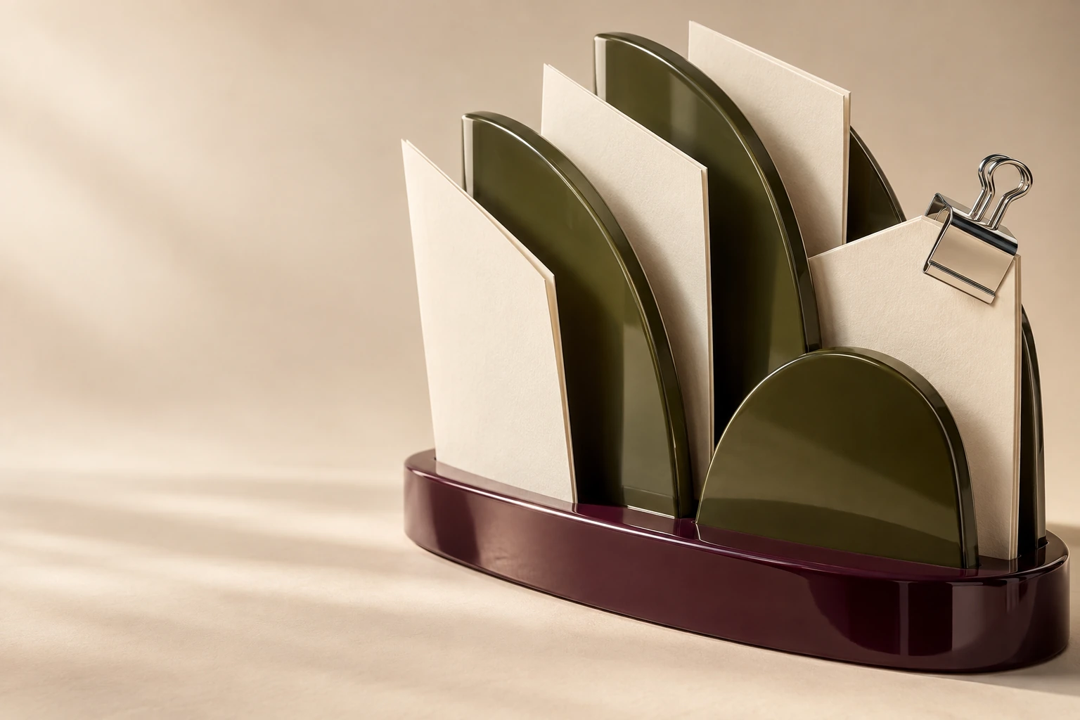 Sculptural olive file rack on an aubergine base.