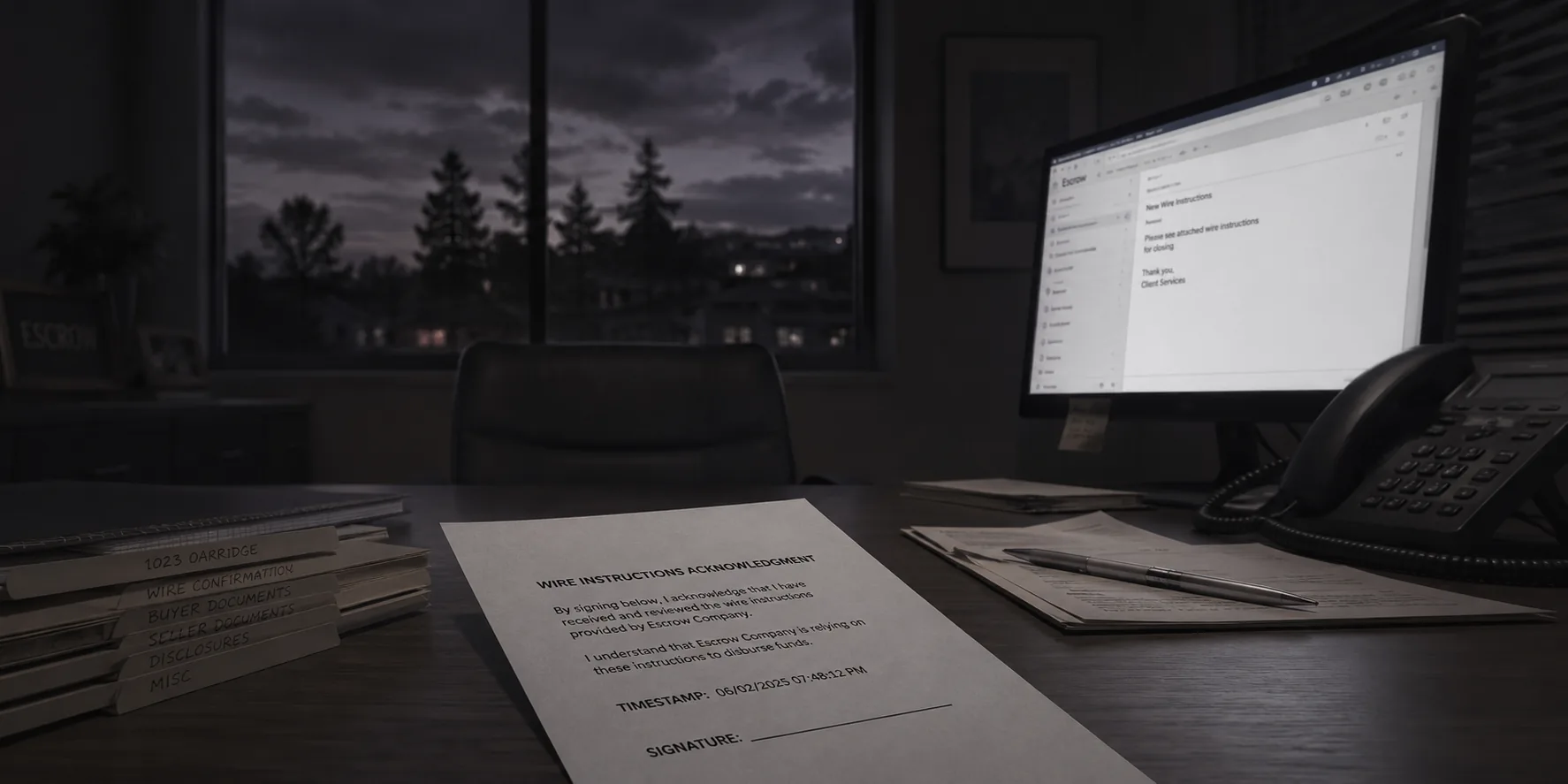 A darkened escrow office at dusk: a printed wire instructions acknowledgment on the desk, a monitor showing a new wire-instructions email, and a desk phone.