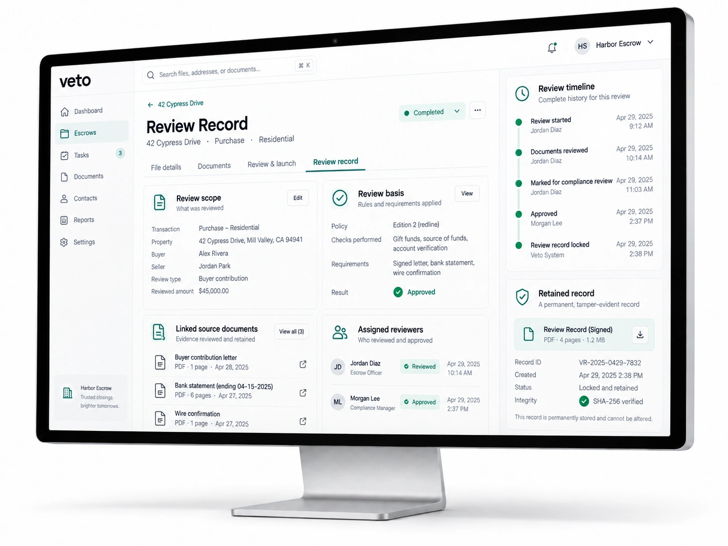 AI-generated Veto product illustration: Illustrative review record and event history. Fictional details; not a production screenshot.