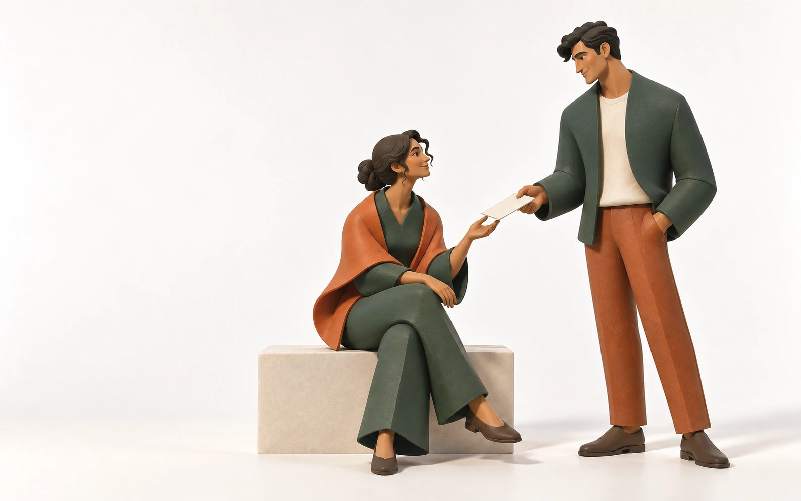 Two sculpted people exchange a folded sheet, their curved forms in forest green and burnt orange.