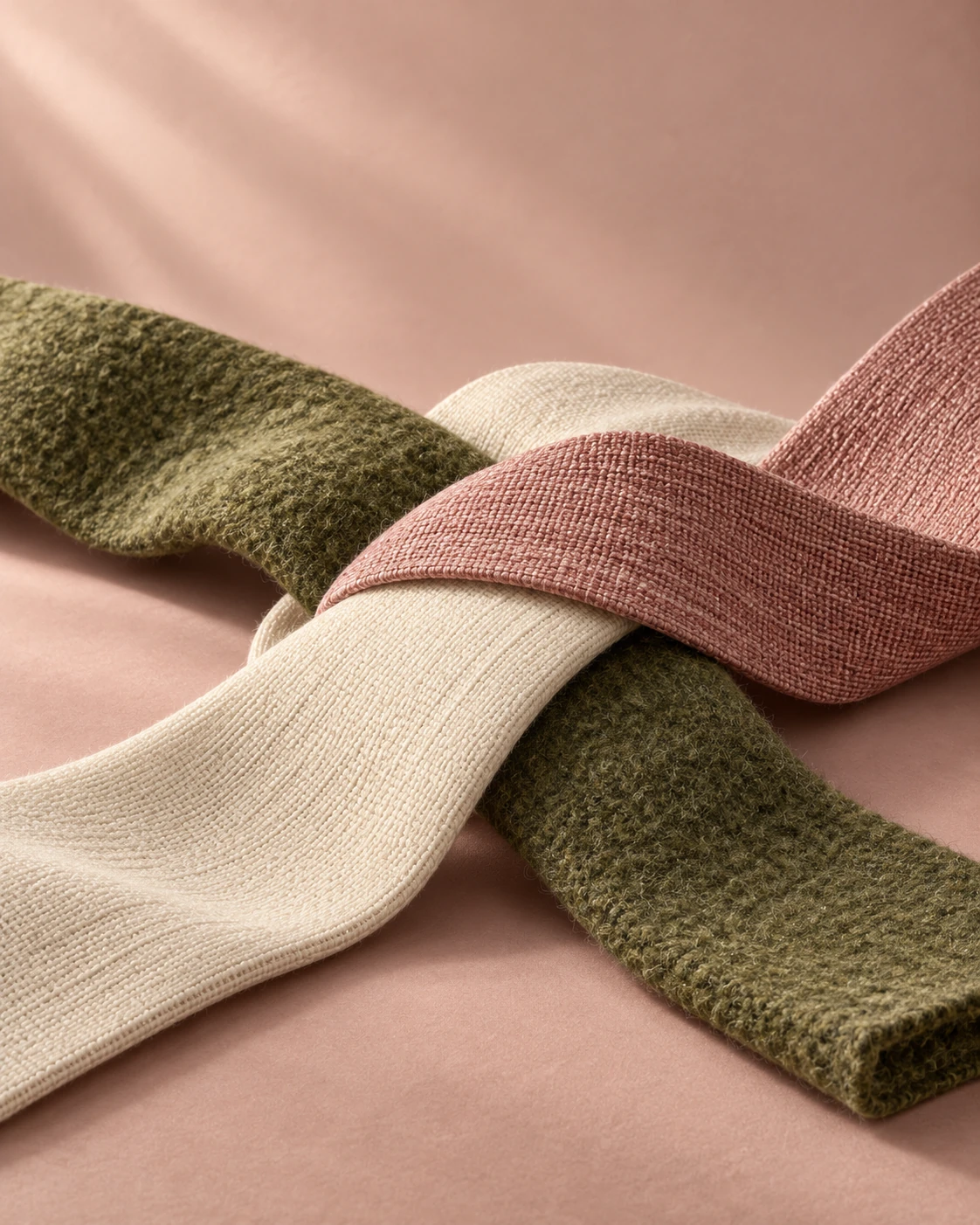 Three woven bands crossing on a muted rose surface.
