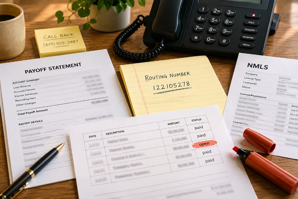 Escrow desk with disbursement paperwork under warm office light